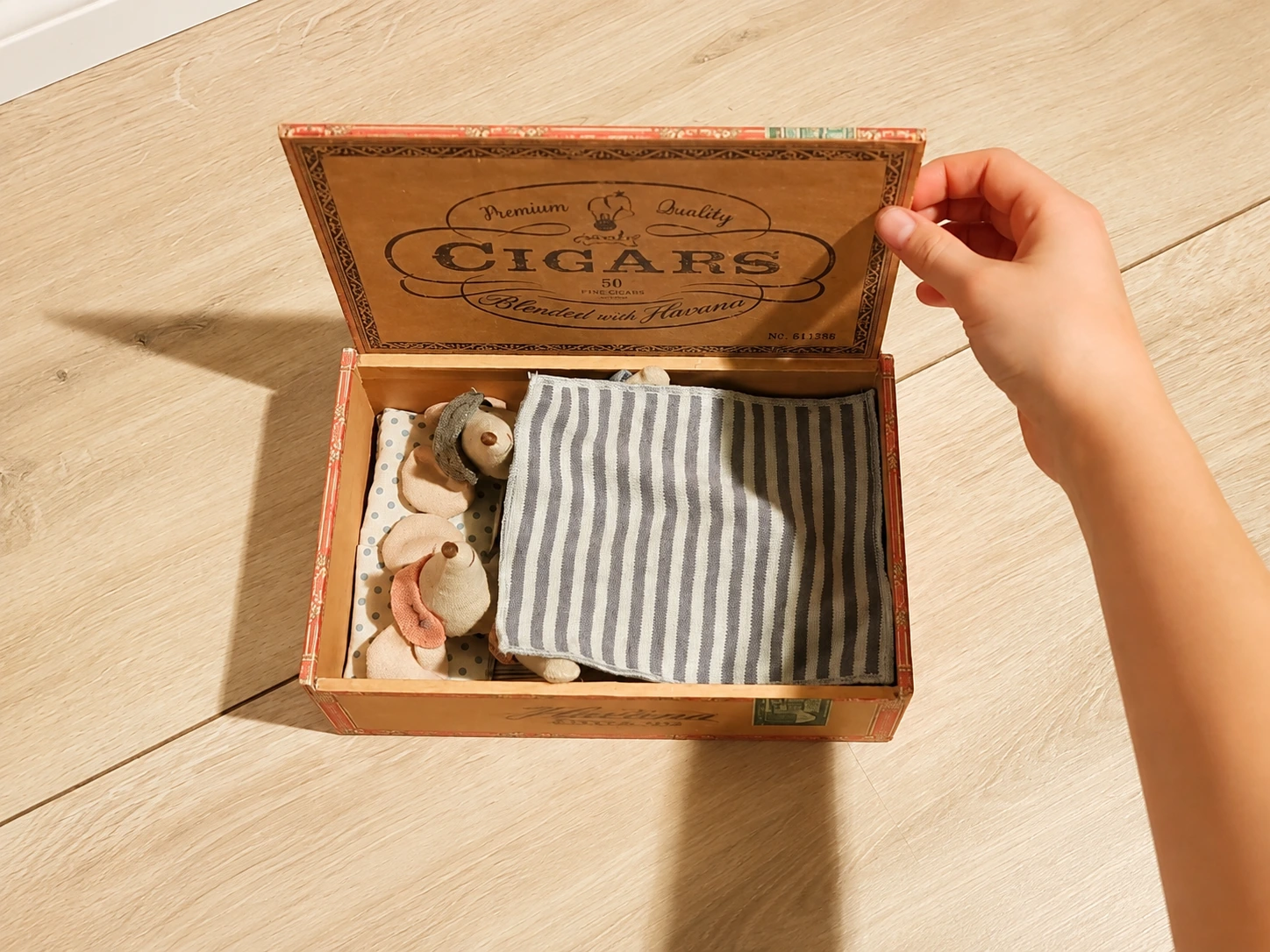 In einer kleinen Spielzeugschachtel im Stil einer Zigarrenkiste liegen zwei zugedeckte Spielzeugmäuse. Eine Kinderhand hält den Deckel der Schlafschachtel geöffnet.